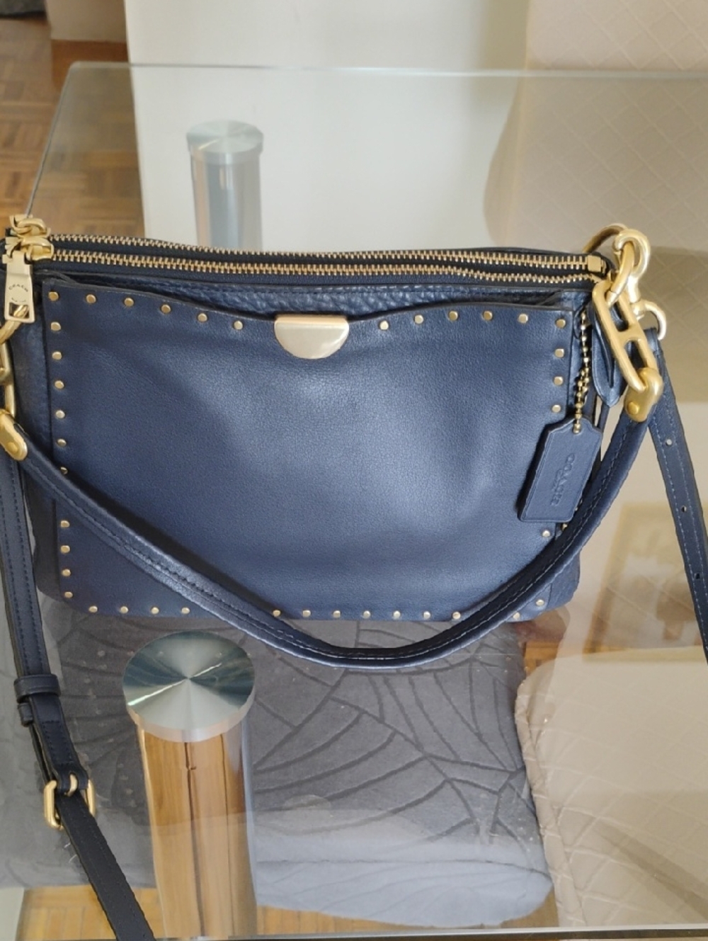 Coach Navy Blue Leather Crossbody with Gold-Tone Studs